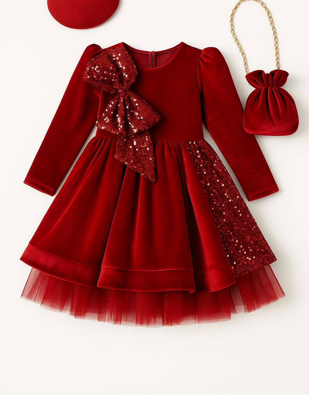 الأحمر الساحر! فستان مخملي بحقيبة و اكسسوار للشعر