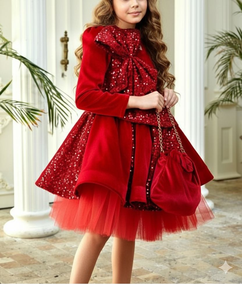 الأحمر الساحر! فستان مخملي بحقيبة و اكسسوار للشعر