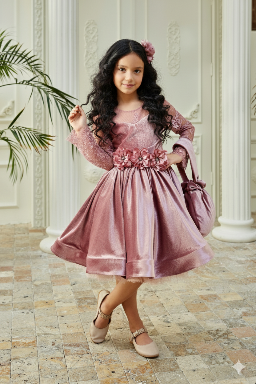 🌸 فستان البنات المخملي الوردي الفاخر مع حقيبة وتاج للشعر – لمسة من الأناقة والرقي 🌸