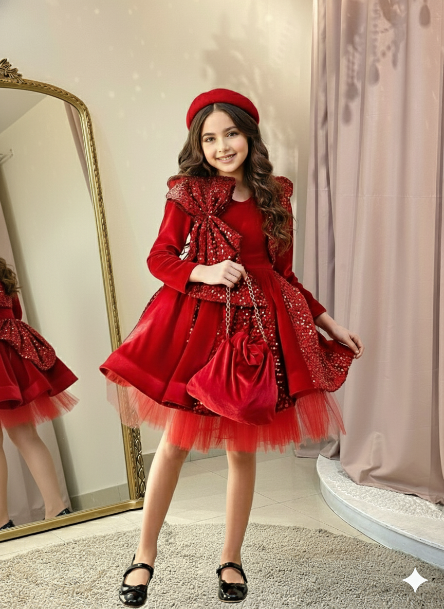 الأحمر الساحر! فستان مخملي بحقيبة و اكسسوار للشعر