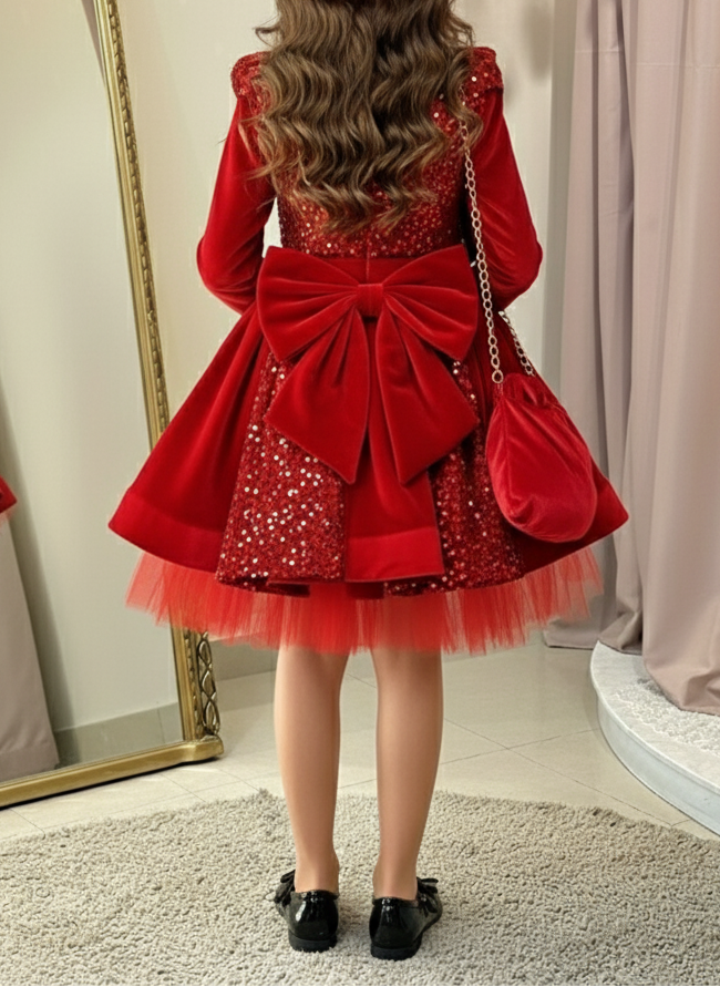 الأحمر الساحر! فستان مخملي بحقيبة و اكسسوار للشعر