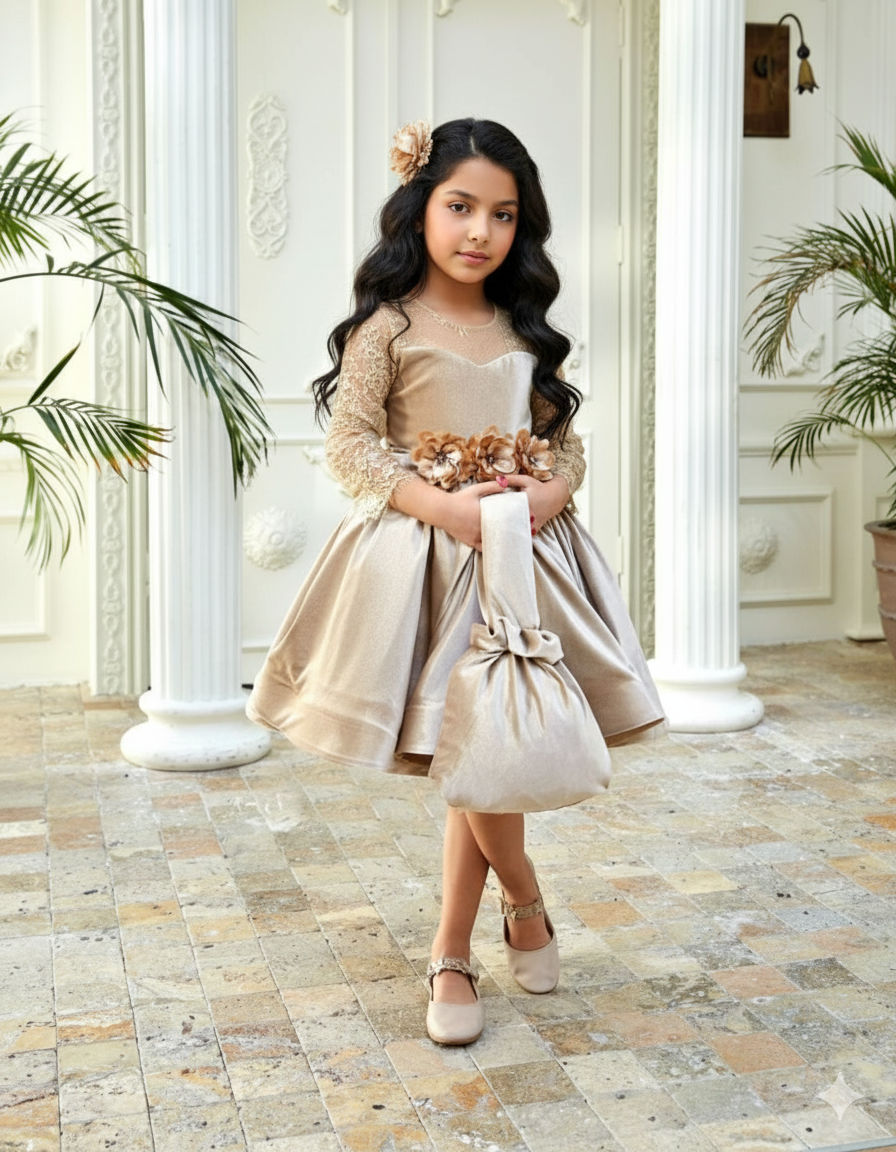 ✨   فستان بناتي أنيق باللون الذهبي مع لمسة حقيبة وبوندو للشعر فخامة ✨