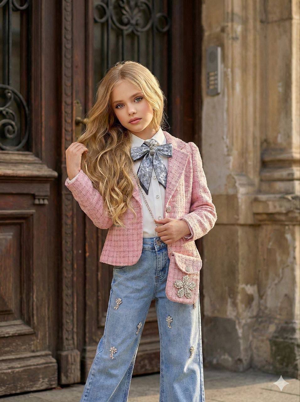 طقم زهري بناتي كامل مكون من 5 قطع (سروال الجينز +قميص ابيض+جاكيت شانيل +ربطة العنق+حقيبة)