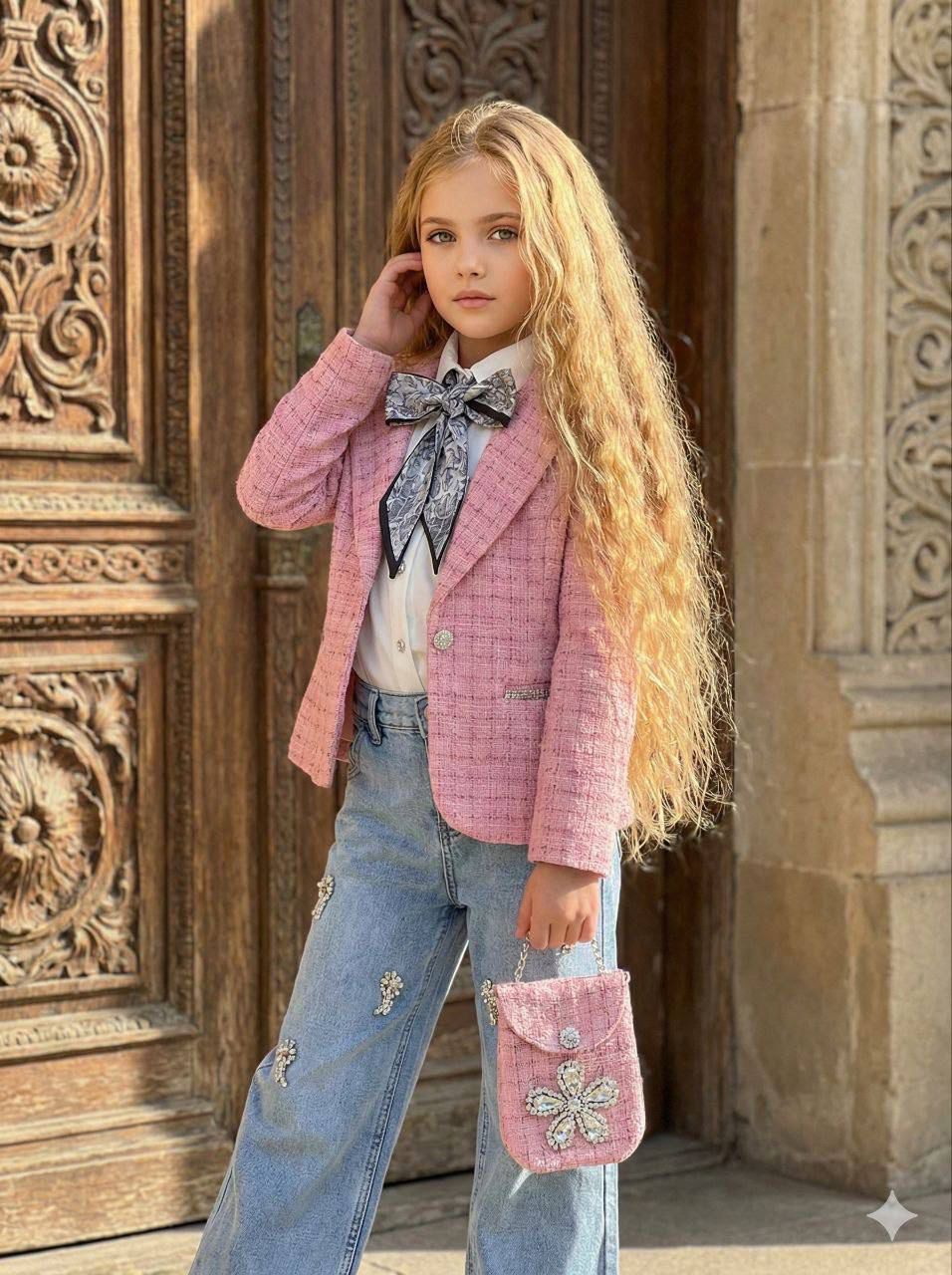 طقم زهري بناتي كامل مكون من 5 قطع (سروال الجينز +قميص ابيض+جاكيت شانيل +ربطة العنق+حقيبة)