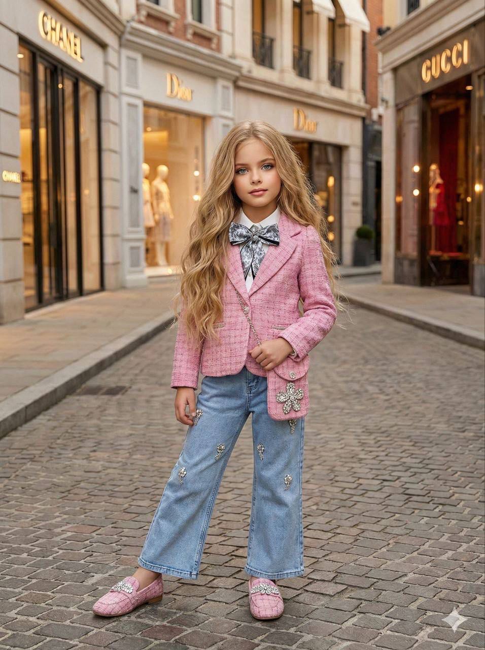 طقم زهري بناتي كامل مكون من 5 قطع (سروال الجينز +قميص ابيض+جاكيت شانيل +ربطة العنق+حقيبة)