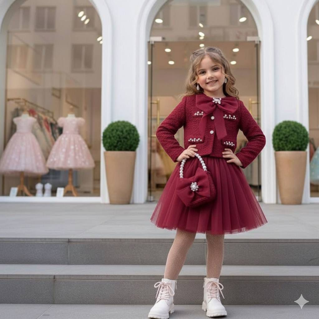 "طقم 'الأميرة الحالمة': فستان التول وسترة التويد الكلاسيكية مع حقيبة اللؤلؤ لإطلالة استثنائية"