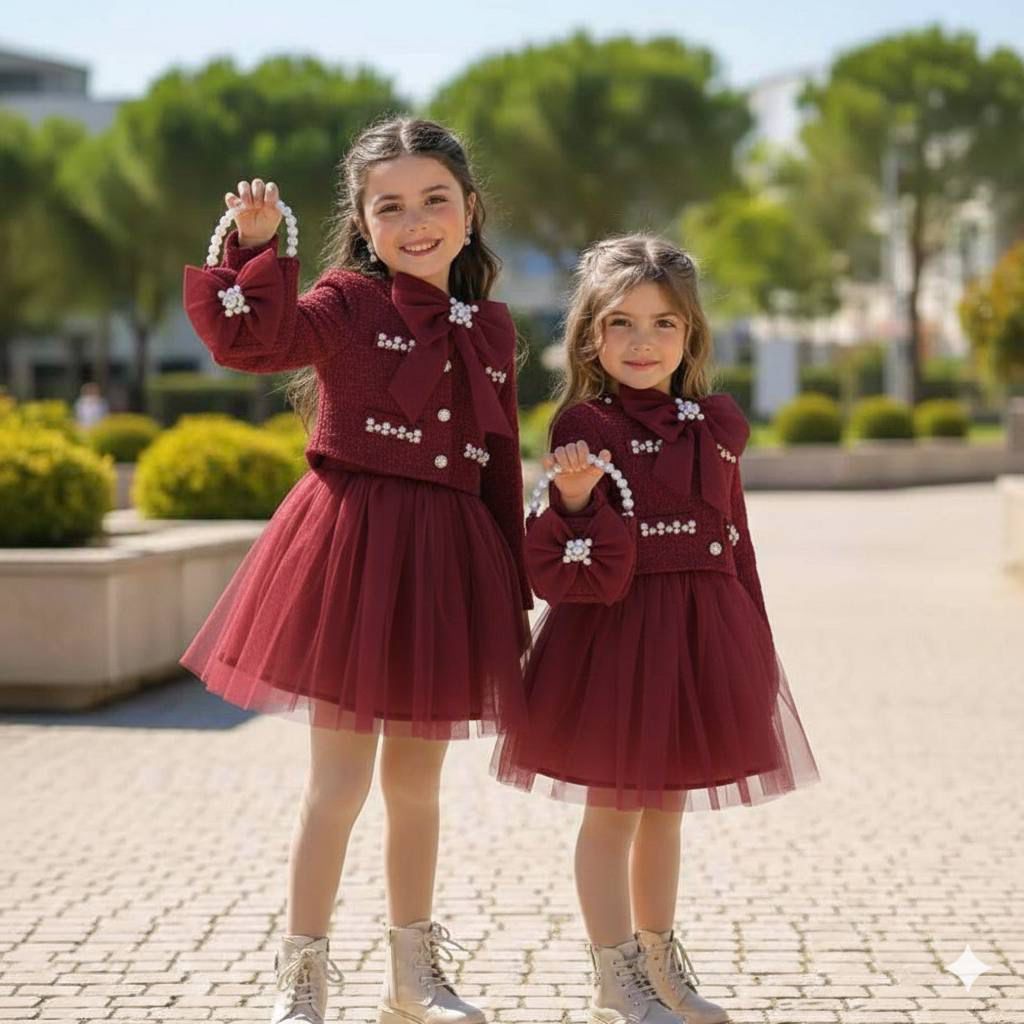 "طقم 'الأميرة الحالمة': فستان التول وسترة التويد الكلاسيكية مع حقيبة اللؤلؤ لإطلالة استثنائية"