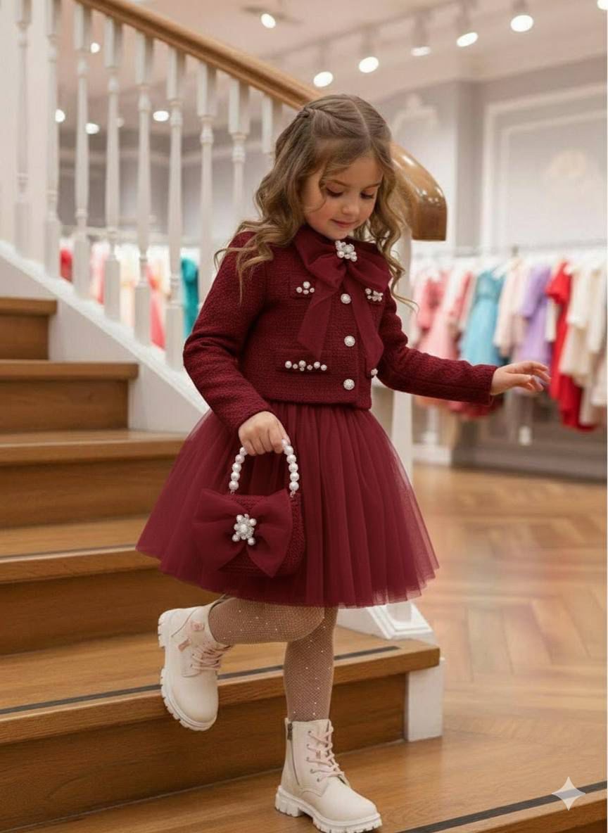 "طقم 'الأميرة الحالمة': فستان التول وسترة التويد الكلاسيكية مع حقيبة اللؤلؤ لإطلالة استثنائية"